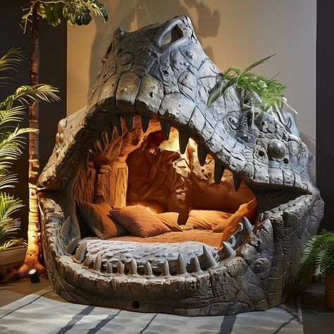 Fossil Themed Bedroom, Cave Inspired Bedroom, Fantasy Cave Hideout, Prehistoric Bedroom, Fantasy Cave Bed, Dinosaur Bed, Cave Bedroom, Bed Cave, Dinosaur Bedding