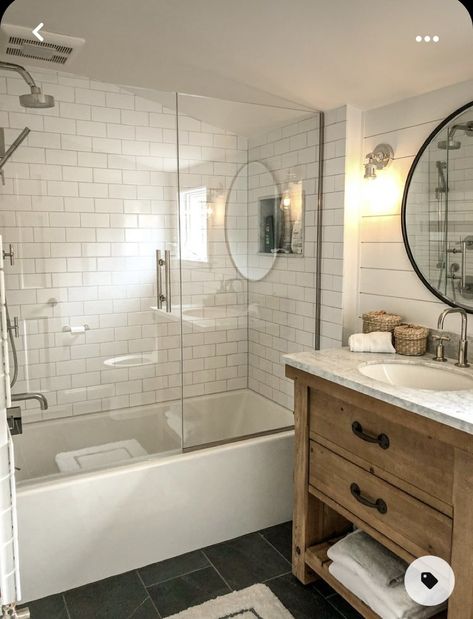 Guest Bathroom With No Window, Guest Bathroom Stand Up Shower Ideas, Small Bathroom Transitional, Reno Small Bathroom, Simple Farmhouse Shower, New Shower Door, Neutral Classic Bathroom, Bathroom Remodel Glass Shower Door, Farmhouse Bathroom Glass Shower Door