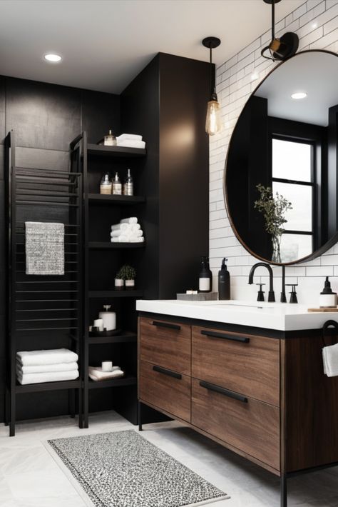 City living meets luxury in this sophisticated bathroom design featuring dark walnut cabinetry and sleek black metal accents. Perfect for the modern urbanite. #UrbanLuxury #ModernDesign #CityStyle Black And Walnut Bathroom, Black Wood And White Bathroom, Small Bathroom Remodel Moody, Bathroom Design Black And Wood, Brown Black And White Bathroom, Black Master Bath Ideas, Bathroom Ideas Black Fixtures, Modern Moody Bathroom, Modern Bathroom Design Black And White