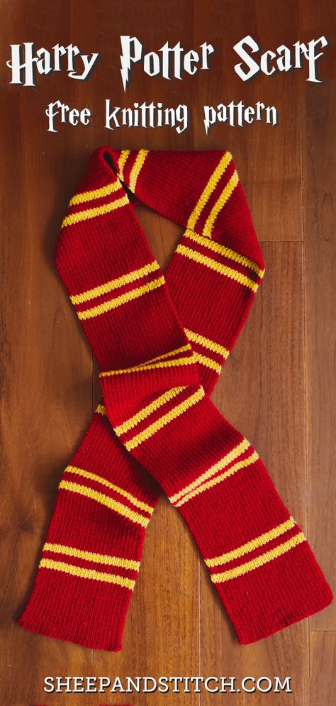 This Harry Potter Scarf Knitting Pattern is great for beginner knitters. Use the colors from your favourite Hogwarts House and knit away! This Hogwarts scarf comes together in two shakes of a newt's tail! #sheepandstitch #harrypotter #knits #knittingpatterns Harry Potter Scarf Crochet, Diy Harry Potter Scarf, Harry Potter Scarf Knitting Pattern Free, Harry Potter Scarf Pattern Crochet, Hogwarts Crochet Scarf, Harry Potter Knitted Scarf Pattern, Knit Hufflepuff Scarf Pattern, Harry Potter Scarf Pattern, Tricot Harry Potter