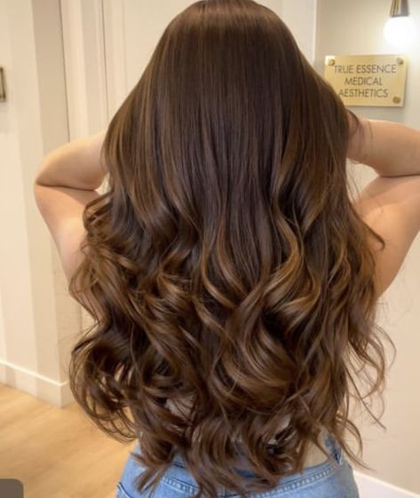 Out Curls Blow Dry, Loose Curls Long Hair Brunette, Curled Hair Styles For Long Hair, Loose Wavy Curls Medium Hair, Curled Long Brown Hair, Wavy Hair Aesthetic Faceless, Late Brunette Hair, Brown Prom Hair, Curled Hair Brown