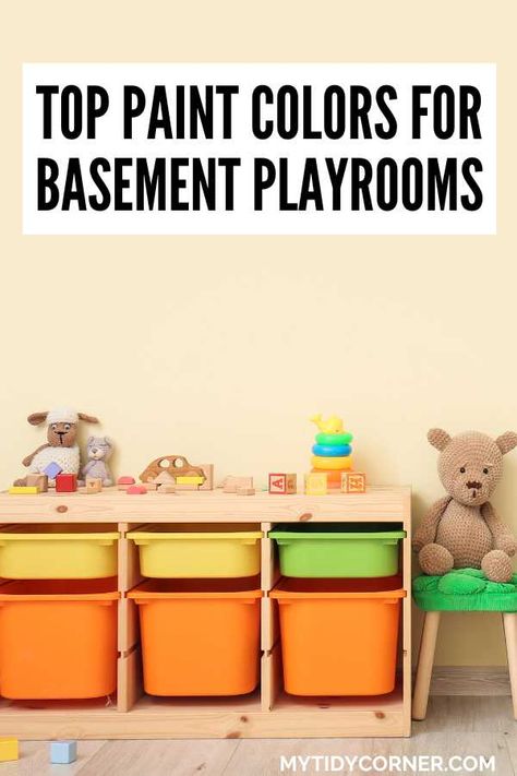 best basement playroom paint colors Best Paint Color For Playroom, Pastel Color Playroom, Fun Basement Colors, Playroom Paint Colors Behr, Toy Room Color Scheme, Paint Colour For Basement, Fun Playroom Paint Ideas, Toy Room Wall Paint Ideas, Basement Toddler Play Area