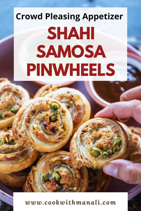 Easy puff pastry samosa pinwheels are stuffed with spiced potato, paneer and peas filling. The addition of cashews and raisins make them extra rich and flavorful. They make a crowd pleasing appetizer for potlucks and parties! Paneer Puff Pastry, Samosa Pinwheels Recipe, Samosa Pinwheels, Easy Indian Appetizers, Indian Cuisine Recipes, Refined Sugar Free Recipes, Indian Appetizers, Easy Puff Pastry, Crowd Pleasing Appetizers