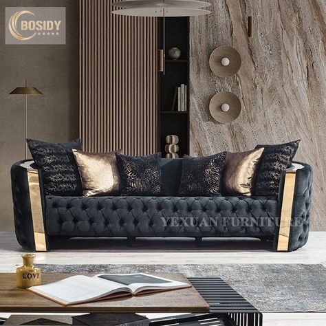 Foshan manufacture wholesale luxury modern furniture couch living room sofa set designs tufted sofa black and gold sofa https://m.alibaba.com/product/1600526192505/Foshan-manufacture-wholesale-luxury-modern-furniture.html?__sceneInfo={"cacheTime":"1800000","type":"appDetailShare"} Black And Gold Sofa Living Room, Black And Gold Couch, Goth Couch, Black And Gold Sofa, Black Sofa Decor, Gold Couch, Couches Living, Black Couches, Gold Sofa