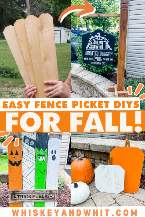 Diy Fall Pallet Projects, Wooden Fence Pickets Crafts, Outdoor Wooden Fall Decorations Diy, How To Make A Porch Leaner Sign, Fence Fall Decorating Ideas, Easy Diy Outdoor Fall Decor, Porch Boards Signs Diy Fall, Fall Outdoor Wood Decor, Fence Picket Pumpkins