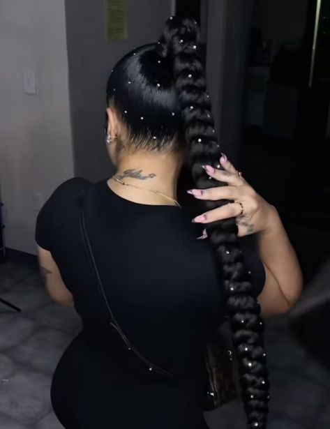 Dramatic Braided Ponytail, Braid Ponytail With Diamonds, High Ponytail Braids Hairstyles, High Pony Braids Black Women, Ponytail With Braiding Hair Weave, High Braided Ponytail Hairstyles Black Women, Braided One Ponytail, Extra Long Braided Ponytail, High Ponytail Braid Black Women