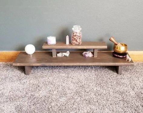 Low wooden bench - Etsy Spiritual Altar Ideas Bedroom, Meditation Corner Diy Small Spaces, Small Meditation Corner In Bedroom, Alters Spiritual Ideas, Meditation Altar Ideas, Zen Den Meditation Rooms, Meditation Corner Ideas, Spiritual Room Meditation Space, Small Altar Ideas