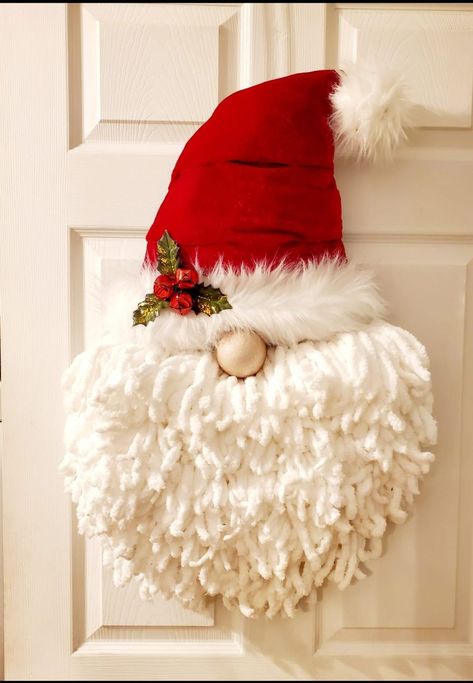 Gnome Hat Wreath, Gnome Door Hanger Christmas, Yarn Gnome Wreath, Santa Hat Door Hanger Diy, Santa Hat Wreath Tutorial, Gnome Santa Diy, Ribbon Yarn Wreath, Santa Hat Wreath Diy, Gnome Wreaths Front Doors