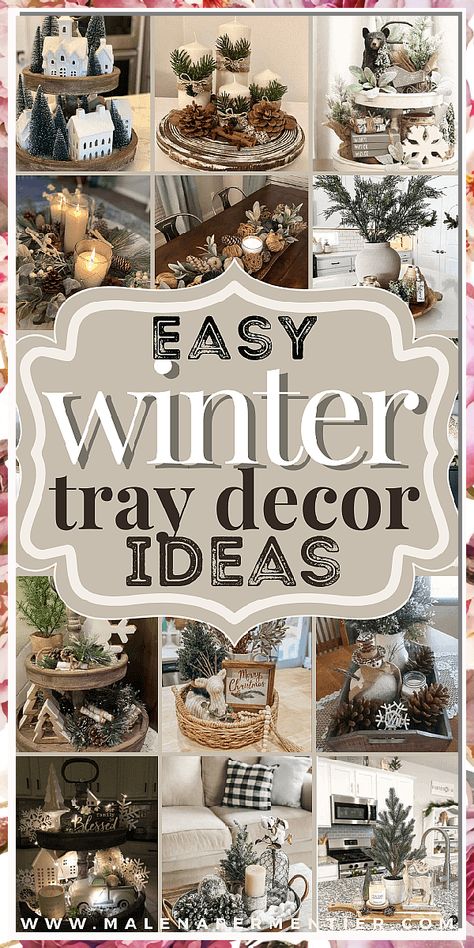 Bring cheer to your home with this festive winter decor. From cozy fires to sumptuous dinners, this dining room has everything you need to enjoy the season. Winter Tray Decor, After Christmas Decor, Christmas Tray Decor, Winter Tray, Decor After Christmas, Tray Decor Ideas, January Decor, Cozy Winter Decor, Mary Pictures