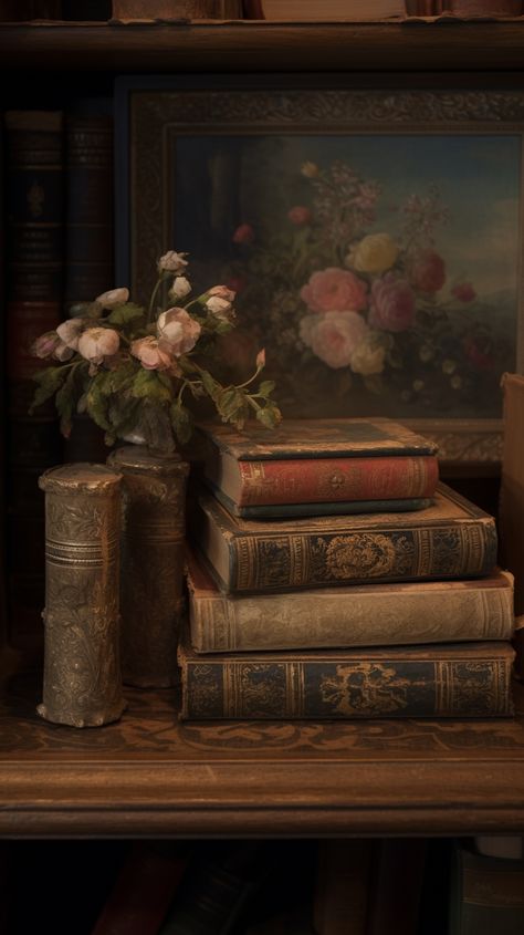 Elevate your iPhone and Android experience with the dignity of this antique book stack wallpaper. 🌹📖 Indulge in the charm of bygone days, perfect for literary enthusiasts and vintage lovers alike Book Stack Wallpaper, Dark Academia Wallpaper Iphone, Detailed Wallpaper, Vintage Lockscreen, Dark Academia Wallpaper, Rennaissance Art, Classic Wallpaper, Academia Wallpaper, Vintage Lovers