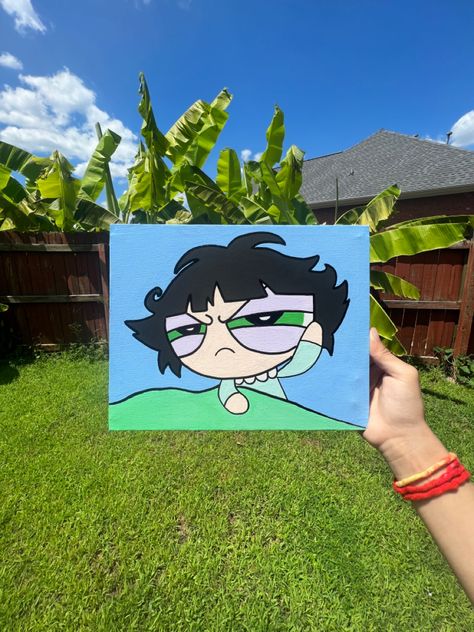 Buttercup Powerpuff Painting, Buttercup Canvas Painting, Big Canvas Art Aesthetic, Powerpuff Girls Painting, Buttercup Painting, Painting Easy Canvas, Powerpuff Buttercup, Sleepy Mood, Girls Tv Show