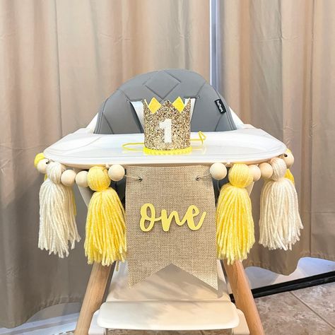 Yellow First Birthday, Birthday Girl Crown, Yarn Tassel Garland, 1st Birthday High Chair, Birthday High Chair, Sun Birthday, First Birthday Girl, Yarn Tassel, Burlap Flag