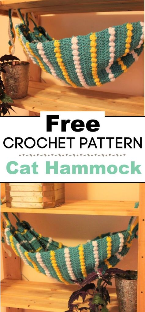 Cat Hammock How To Crochet A Cat Hammock, Knit Cat Hammock, Crocheted Cat Hammock, Crochet Dog Hammock, Crochet Cat Hammock Pattern Free, Crochet Small Animal Bed, Crochet Hammock For Cats, Crochet Kitten Toys Free Pattern, Crochet Toy Hammock Free Pattern