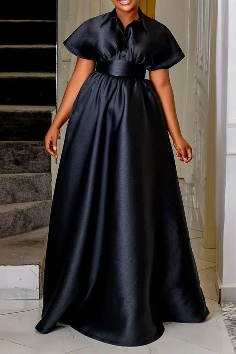 Plus Size Formal Dress Pink Satin Short Sleeve Lapel Maxi Dress With Pocket Plus Size Maxi Dress With Sleeves, Black Dinner Dress, Satin Short Sleeve, Black Dress Style, Fancy Short Dresses, Chic Dress Classy, Lace Gown Styles, Best African Dresses, Dinner Dress Classy