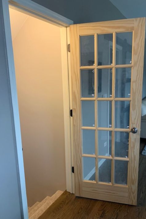 A French door creates openness and an inviting feeling to your finished basement. Glass Door To Basement, French Door To Basement, Glass Basement Door, Basement French Doors, Basement Door Ideas, Door To Basement, Basement Exterior, Basement Tv Rooms, Basement Stairwell