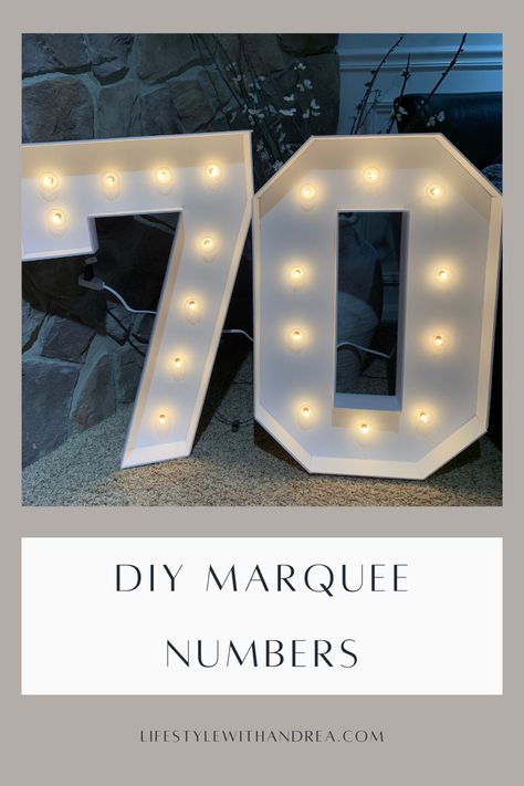 These easy DIY marquee numbers will really upgrade your party decorations! Use them for your next birthday party or switch it up and make marquee letters for any party occasion! Diy Lighted Numbers, Number Marquee Diy, Diy Number 50 Cardboard, Sweet 16 Marquee Numbers, Diy Giant Numbers With Lights, Diy Light Letters How To Make, Diy Light Up Letters Foam Board, Diy Marquee Letters Cardboard, Paper Numbers Diy