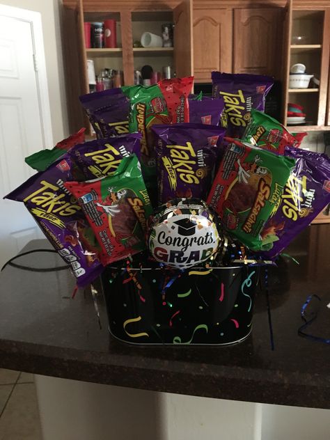 Takis Gift Basket Ideas, Mexican Gift Basket Ideas, Graduation Basket Ideas, Goodie Basket, Candy Lady, Candy Gift Baskets, Candy Arrangements, Valentines Day Baskets, Mexican Gifts