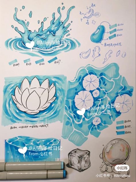 Water Rendering Tutorial, Water Markers Drawing, Water Marker Drawing, How To Draw Water With Markers, How To Color Water, Water With Markers, Water Marker Art, Water Drawing Tutorial, Water Drawing Simple