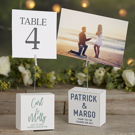 Personalizationmall Wedding Table Number Personalized Photo Clip Block - Display table numbers and photos at your Wedding or Bridal Shower with the Wedding Table Number Personalized Photo Clip Block. Personalized with choice of font and color, 2 names and 2 lines of text. Fall Sunflower Weddings, Photo Centerpieces, Personalized Picture Frames, Wedding Table Number, Display Table, Wedding Anniversary Party, Table Number Cards, Photo Clips, Wedding Games