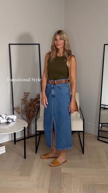 Long Jean Skirt Outfits Spring, Long Demin Skirt Outfits For Summer, Long Denim Skirt Outfit Spring, Midi Jean Skirt Outfits Summer, Long Denim Skirt Outfit Summer Casual, Spring Denim Skirt Outfit, Jean Skirt Outfit Ideas, Midi Denim Skirt Outfit, Jean Skirt Outfits Summer