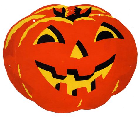 1935 Dennison 'Jack-O-Lantern' Die Cut Decoration. Part of a 7 Piece 'Hallowe'en Jack-O-Lantern Swag Decoration' Set. Sizes: 8 1/2" to 16" Jack O Lantern Vintage, Vintage Halloween Cutouts, 50s Halloween, Vintage Jack O Lantern, Vintage Halloween Art, Vintage Halloween Images, Lantern Swag, Online Scrapbook, Halloween Graphics