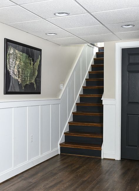 Ranch Basement Ideas, Industrial Farmhouse Basement, Basement Stairway Ideas, Craftsman Style Molding, Rancher Homes, Vintage Basement, Basement Stairway, Stairway Ideas, Dream Ranch