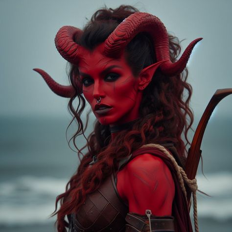 Red Skin Character, Female Demon Costume, Tiefling Makeup, Red Tiefling Woman, Red Tiefling Female, Incubus Art, Tiefling Cosplay, Horn Makeup, Red Tiefling