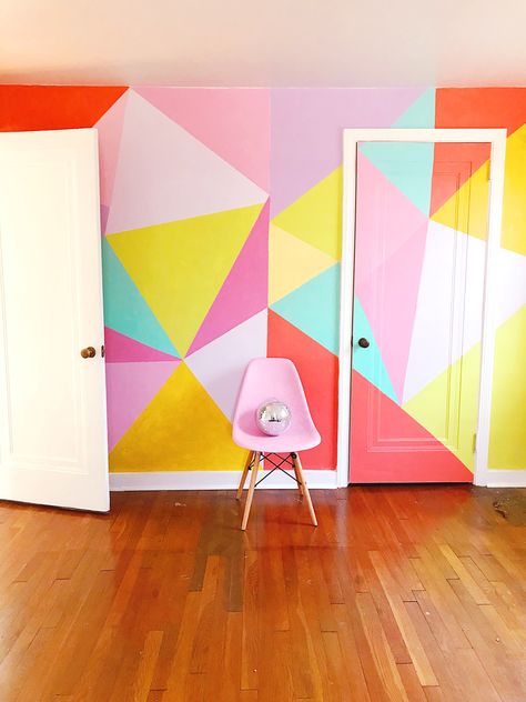 #sodomino #wallpaper #handpaintedwallpaper #geometric #rainbowwall #rainbow #homedecor #mural #decor #decorinspiration Painting Ideas For Room, Rainbow Geometric Wall, Rainbow Painting Ideas, Playhouse Inspiration, Rainbow Mural, Kid Bedrooms, Painted Wallpaper, Kid Rooms, Hand Painted Wallpaper