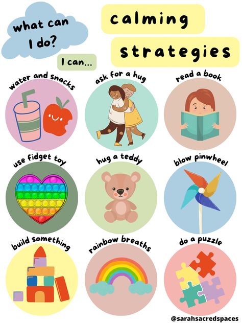 Calming Strategies Poster, Preschool Calming Strategies, Behaviour Therapy Activities, Calm Down Box For Preschoolers, Calm Down Kit Preschool, Kindergarten Calming Corner Ideas, Cozy Corner Preschool Calm Down, Emotions Corner Preschool, Calm Down Cart