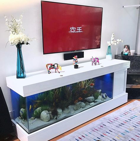 Tv Unit With Fish Tank, Aquarium Under Tv, Aquarium Bar, Custom Fish Tanks, Fish Tank Wall, Fish Tank Themes, Wall Aquarium, Amazing Aquariums, Fish Tank Design