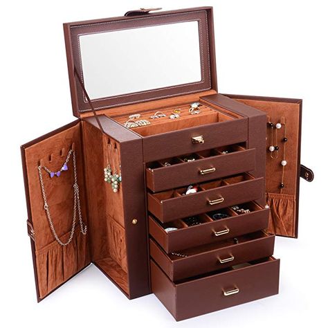 Kendal Huge Leather Jewelry Box/Case / Storage LJC-SHD5BN (Brown) Jewellery Box Design, Armoire Storage, Mirrored Armoire, Mirror Jewelry Storage, Jewelry Box Mirror, Large Jewelry Box, Wooden Jewellery, Hanging Necklaces, Jewelry Organizer Storage