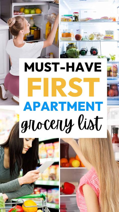 Get your first apartment grocery list so you are all stocked with the right essentials. New Apartment Grocery Shopping List, First Home Grocery List, First Grocery List Apartments, Grocery List For New Home, First Grocery List New Home, Kitchen Needs For First Apartment, Grocery List For New Apartment, New Apartment Grocery List, House Essentials List First Home