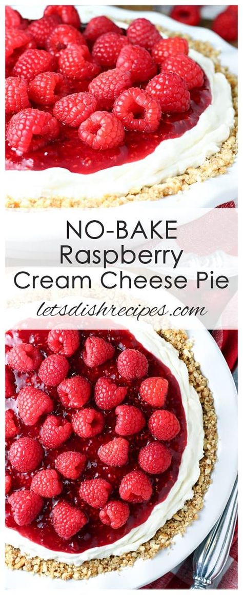 No-Bake Raspberry Cream Cheese Pie | A sweet cream cheese base is topped with a tart raspberry filling plus more fresh raspberries in this easy no-bake pie that's sure to be a summer time favorite. #pie #nobake #desserts #recipes #raspberry Raspberry Cream Cheese Pie, Fresh Raspberry Recipes, Raspberry Recipe, Summertime Desserts, Cream Cheese Pie Recipes, Raspberry Cream Pies, Tart Raspberry, Yummy Pie, Dairy Free Chocolate Cake