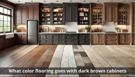 Dark Cabinets Flooring Ideas, Flooring With Brown Cabinets, Light Hardwood Floors With Dark Cabinets, Kitchen Floor With Dark Cabinets, Flooring For Dark Cabinets, Hardwood Floors With Dark Cabinets, Kitchens With Dark Brown Cabinets, Dark Kitchen Cabinets With Light Floors, Wood Floors With Dark Cabinets