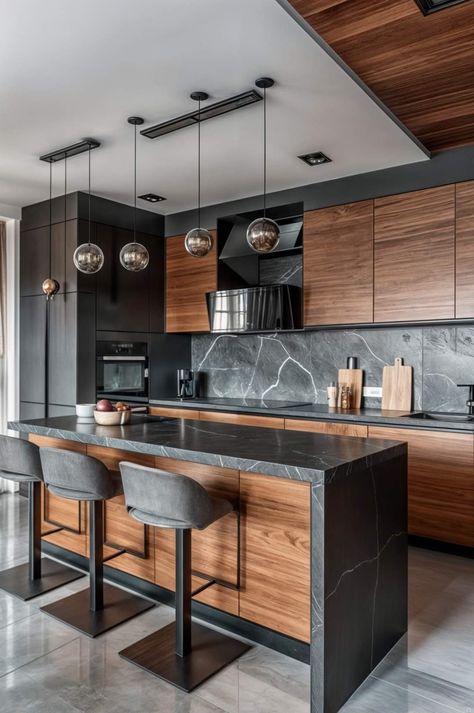 Small Luxury Homes Interior, Industrial Small Kitchen, Black White Wood Kitchen, Modern Kitchen With Island, Contemporary Kitchen Island, Industrial Kitchen Design, Industrial Style Kitchen, Modern Kitchen Interiors, Modern Kitchen Cabinets