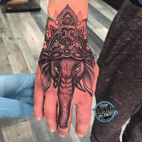 Ganesha Tattoo Sleeve, Elephant Tattoo On Hand, Ganesh Tattoos, Elephant Head Tattoo, Ganesh Design, Ganesh Tattoo, Mario Tattoo, Hindu Tattoo, Polynesian Tattoos