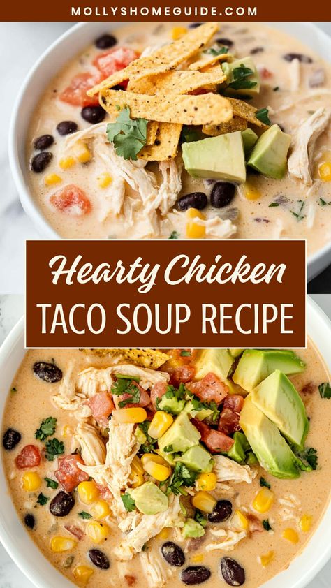 Discover the ultimate comfort food with this easy and delicious chicken taco soup recipe. Packed full of flavor and sure to become a family favorite, this soup is perfect for cozy nights at home or gatherings with friends. It's simple to make and can be customized with your favorite toppings like avocado, cilantro, or shredded cheese. Whether you're looking for a hearty meal for lunch or dinner, this chicken taco soup is a satisfying choice that will warm you up from the inside out. Macro Friendly Chicken Taco Soup, Pork Taco Soup Recipe, Whole 30 Chicken Taco Soup, Best Chicken Taco Soup Recipe, Healthy Chicken Taco Soup Crock Pot, Thm Taco Soup, Chicken Taco Soup With Cream Cheese, Mexican Chicken Soup Recipes Homemade, Best Chicken Taco Soup