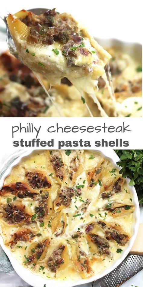 These Philly cheesesteak stuffed pasta shells are a delicious and easy one pot meal that comes together quickly and easily. Pasta shells are stuffed with seasoned ground beef, onions and green pepper and baked in a creamy provolone cheese sauce. Made with simple ingredients, it's a great family weeknight meal. #phillycheesesteak #stuffedpastashells #provolonecheeserecipe Philly Stuffed Shells, Philly Cheesesteak Shells, Cheesesteak Dinner Ideas, Ground Beef Recipes Jumbo Shells, Stuffed Shells Philly Cheesesteak, Recipes With Large Shell Pasta, Philly Cheesesteak Stuffed Shells, Stuffed Shells Ideas, Recipes With Jumbo Pasta Shells