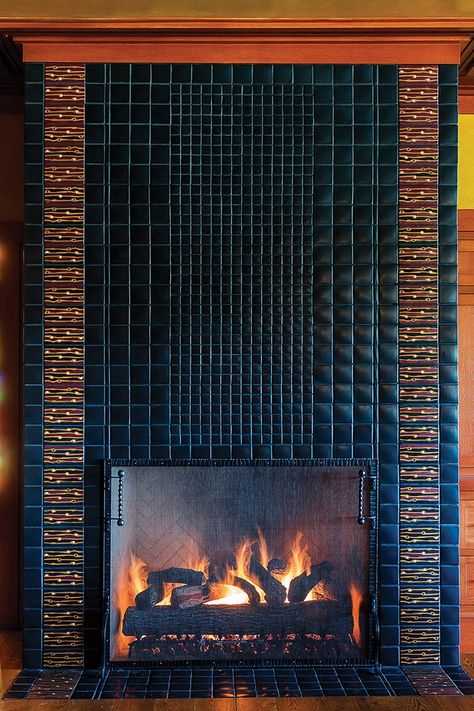 Midcentury-style fireplace surround by Motawi Tileworks Midcentury Fireplace, Midcentury Modern Fireplace, Tile Fireplaces, Tiled Fireplace Wall, Tile Around Fireplace, Deco Fireplace, Arts And Crafts Fireplace, Hall Tiles, Mid Century Tile