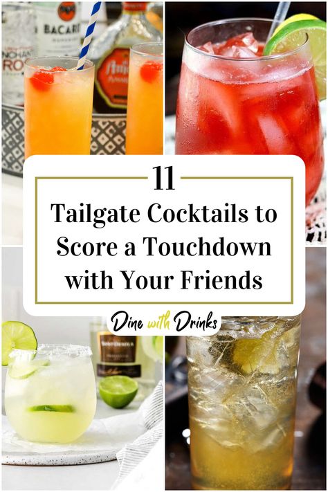 Collage of 4 tailgate cocktails. Tailgate Alcoholic Drinks, Tailgate Bunco Theme, Drinks For Football Party, Football Themed Alcoholic Drinks, Game Day Drinks Alcohol, Drinks For Super Bowl Party, Tailgate Cocktails Football, Game Day Drinks Football, Game Day Cocktails Football Season