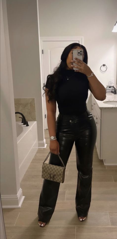 Heels And Jeans Outfit Black Women, Fancy Leather Pants Outfit, Heels With Pants Outfit, Pointy Toe Heels Outfit, Jeans And Heels Outfit Going Out Classy, Black Heel Outfits, Flared Leather Pants Outfit, Jeans And Heels Outfit Going Out, Leather Pants Outfit Black Women