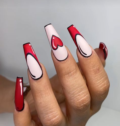 Coffin Comic Nails, Red Rum Nails, Pop Art Christmas Nails, Audi Nails Design, Rocky Horror Nails, Redbull Nails, Character Nail Designs, Lipstick Nails Design, Comic Nail Art