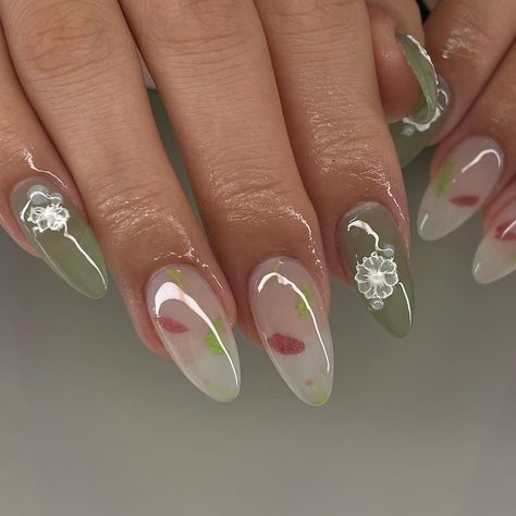 Spring has sprung😝 First time encapsulating gel x! This green is to die for and the milky nails😮‍💨😮‍💨 Ib: found on Pinterest! Please tag if you know their ig!! #nails #nailtech #gelx #apresgelx #gelxnails #nailinspo #springnails #floralnails #nailart #naildesign #flowers #spring #trend #yvr Milky Flower Nails, Ig Nails, Milky Nails, Flowers Spring, Spring Has Sprung, Floral Nails, Flower Nails, Nail Tech, Swag Nails