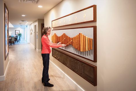 Residents can play a large xylphone installed on the wall Activity Room Ideas, Assisted Living Decor, Memory Care Unit, Senior Living Interior Design, Senior Living Design, Senior Living Facilities, Interactive Walls, Assisted Living Facility, Activity Room