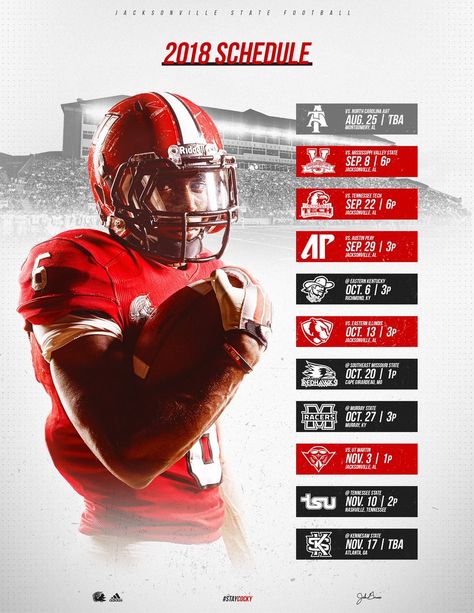 Jacksonville State High School Football Schedule Design, Schedule Graphic Sports, Nba Schedule Design, College Football Schedule Graphic, Football Stats Graphic, Team Schedule, Sports Advertising, Email Template Design, Sport Poster Design