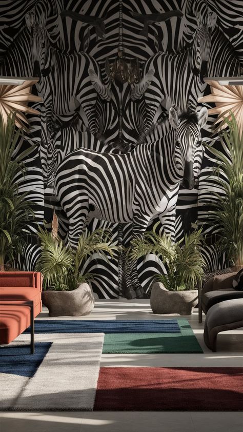 Experience the elegance of zebra-inspired wallpaper that redefines contemporary living. This stunning black and white design artfully combines Art Deco elements with bold geometric shapes, enhancing any room with sophistication. Natural light plays upon the walls, while plush rugs and minimalist furniture create warmth. Add tropical plants for an exotic touch, making your home a vibrant masterpiece. #HomeDecor #InteriorDesign #Wallpaper Plush Rugs, Art Deco Elements, Inspired Wallpaper, Black Living Room, Minimalist Furniture, Plush Rug, Instagram Theme, Aesthetic Instagram Theme, Black And White Design