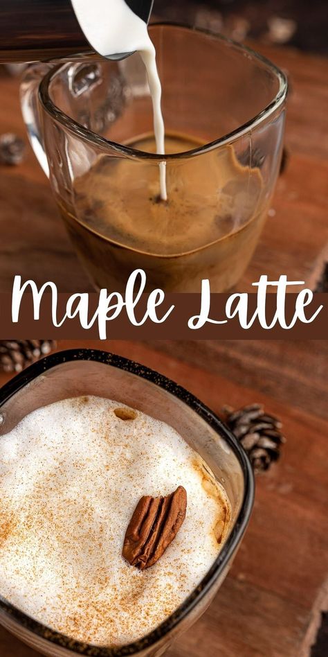 This maple latte is the perfect latte to make on a crisp fall morning. Made with a homemade pecan, maple and cinnamon syrup for a delicious, cozy latte. Latte Flavors Combinations, Maple Drinks, Nespresso Drinks, Speciality Coffee Recipes, Maple Latte Recipe, Pecan Syrup, Crisp Fall Morning, Maple Latte, Fall Coffee Recipes