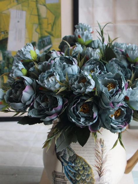 Blue Collar PE Embellished Home Decor Blue And Green Wedding Decor, Grey Wedding Flowers, Blue And Green Wedding, Green Wedding Decor, Navy Bouquet, Fake Flower Bouquet, Silk Flower Bouquets, Silk Peonies, Artificial Peonies