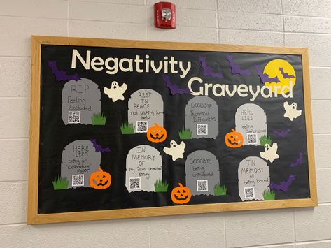 Graveyard Bulletin Board, Bulletin Boards Interactive, Bulletin Boards College, Office Bulletin Board Ideas, School Counselor Bulletin Boards, Residence Life Bulletin Boards, Ghost Jack O Lantern, Dorm Bulletin Boards, Counselor Bulletin Boards