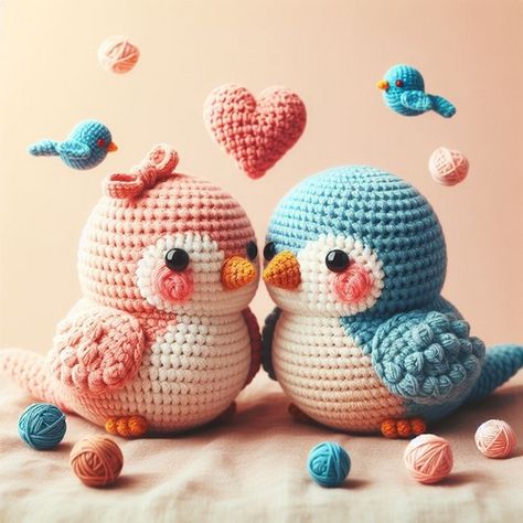 Love Bird Crochet, Crochet Love Birds Free Pattern, Crochet Valentines Day Patterns Free, Birds In Love, Easter Bunny Costume, Free Crochet Amigurumi, Crochet Pig, Crochet Animal Amigurumi, Bird Free